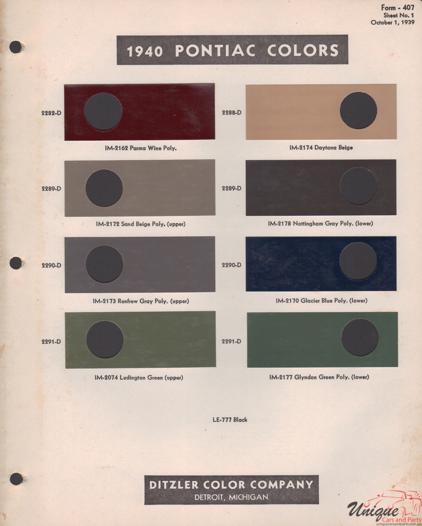 1940 Pontiac Paint Charts PPG 1